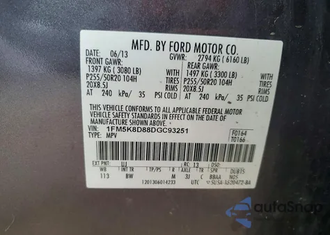 2013 Ford Explorer Xlt z USA, uszkodzony, nr VIN 1FM5K8D88DGC93251